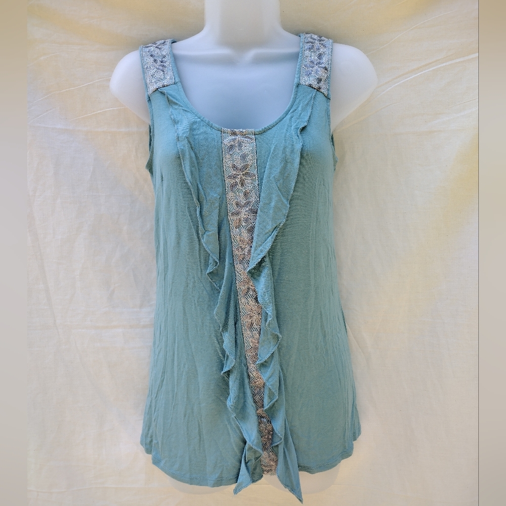 Willi Smith Sequin Floral Lace Embellished Ruffle Tank Top blue green Boho Small